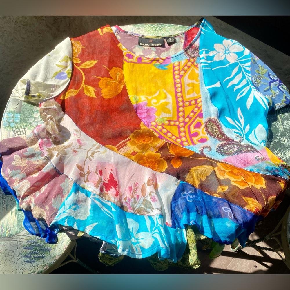 Sacred threads vintage top M colorful patchwork